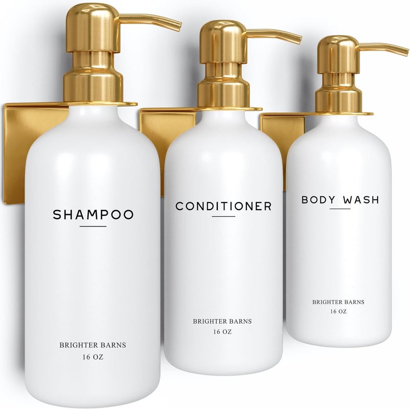 Brighter Barns Luxury Shampoo and Conditioner Dispenser Set Wall Mounted by - Refillable Shampoo and Conditioner Bottles - Shower Dispenser 3 Chamber No Drill - White and Gold Bathroom Decor (Gold) - Image 1