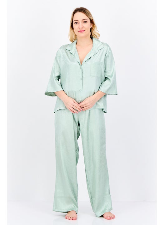 Women 2Pcs Floral Pattern Pyjama Top And Bottom Set, Sage Green