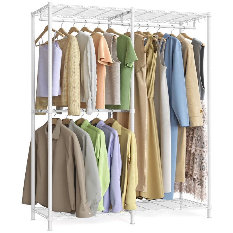 حامل الملابس SONGMICS خزانة ملابس قائمة بذاتها رفوف معدنية قوية لحمل الملابس مع أرفف قابلة للتعديل وأعمدة تعليق قابلة للتقسيم 158 × 472 × 709 بوصة أبيض سحابي ULGR423W01