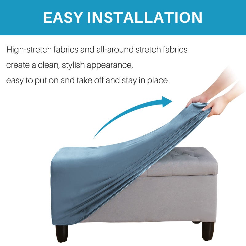 LiveGo Ottoman Cover, Stretch Rectangle Velvet Ottoman Slipcovers of Foot Stool for Living Room, Folding Storage Furniture Protector with Elastic Bottom, Machine Washable(Gray Blue, L) - Image 4