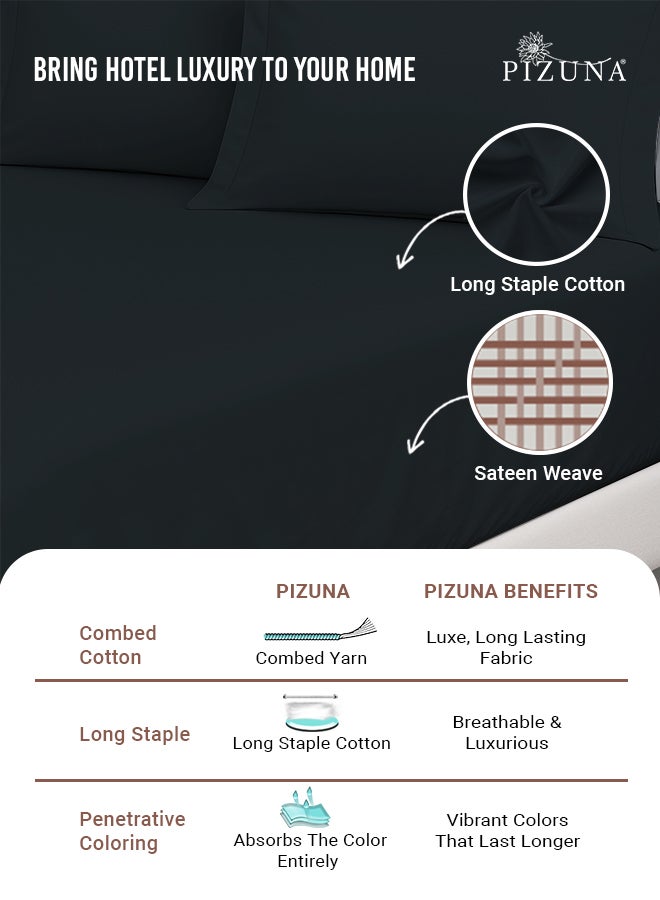 Pizuna Pure Combed Cotton Fitted Bedsheet King Size 180x200 cm Black, 400 Thread Count Cool Luxury Soft 100% Long Staple Cotton Sateen Weave, 40cm Deep Pocket Sheet (Fitted Sheet -1PC) - Image 2