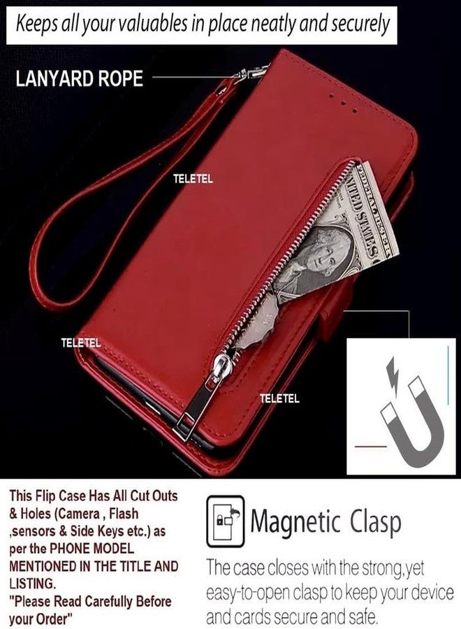 TELETEL Zipper Series Flip Mobile Cover Pu Leather | Card & Cash Pockets | Magnetic Loop | Front Zip Lock Wallet Case (Red) for Mi A3 - Image 5