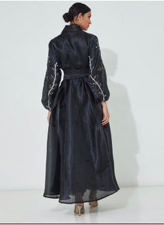 Rosette Abaya Black Organza  stones embroidered abaya  - Image 3