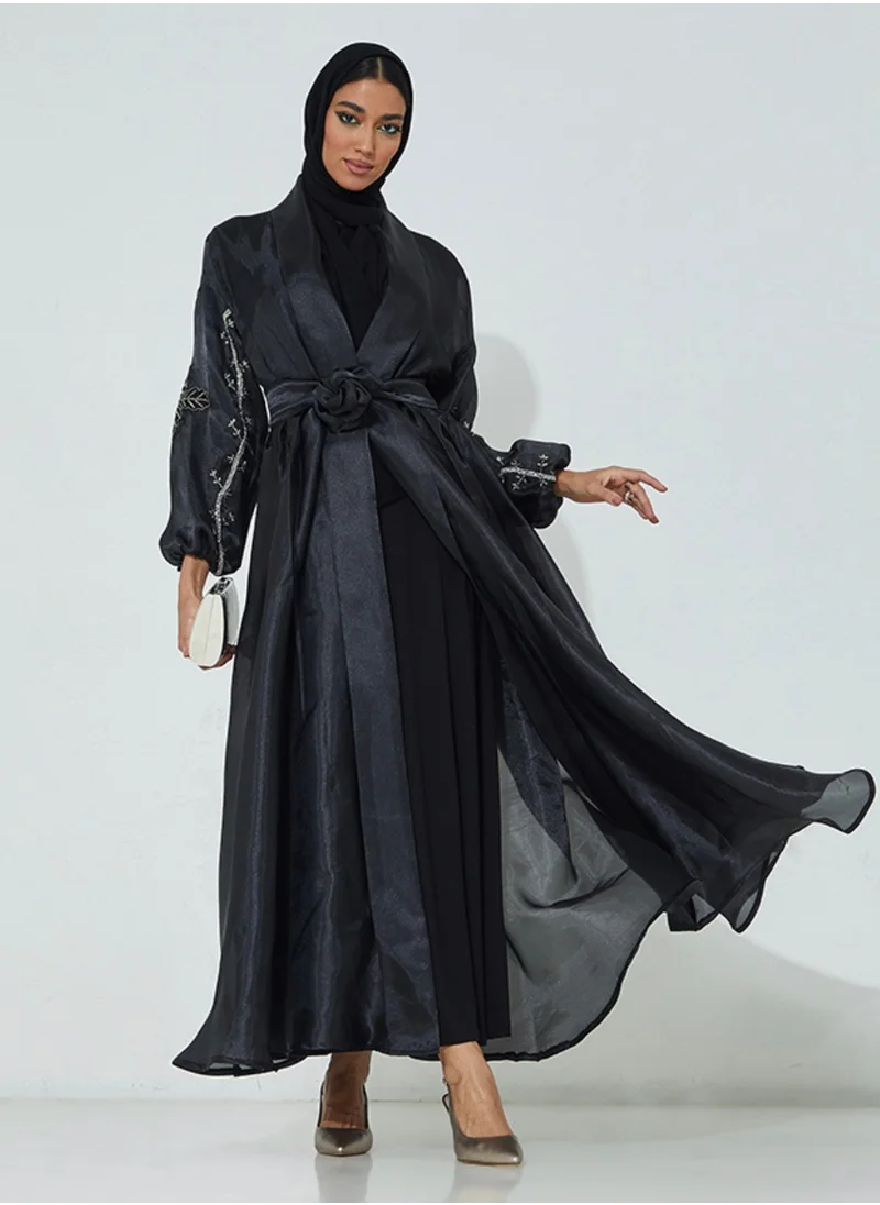 Rosette Abaya Black Organza  stones embroidered abaya