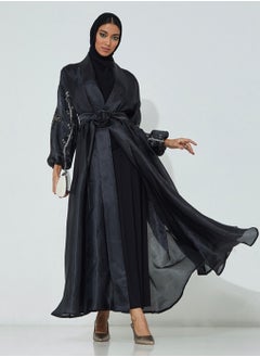 Rosette Abaya Black Organza  stones embroidered abaya  - Image 1