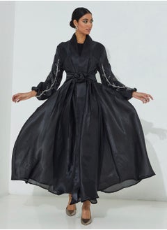 Rosette Abaya Black Organza  stones embroidered abaya  - Image 4