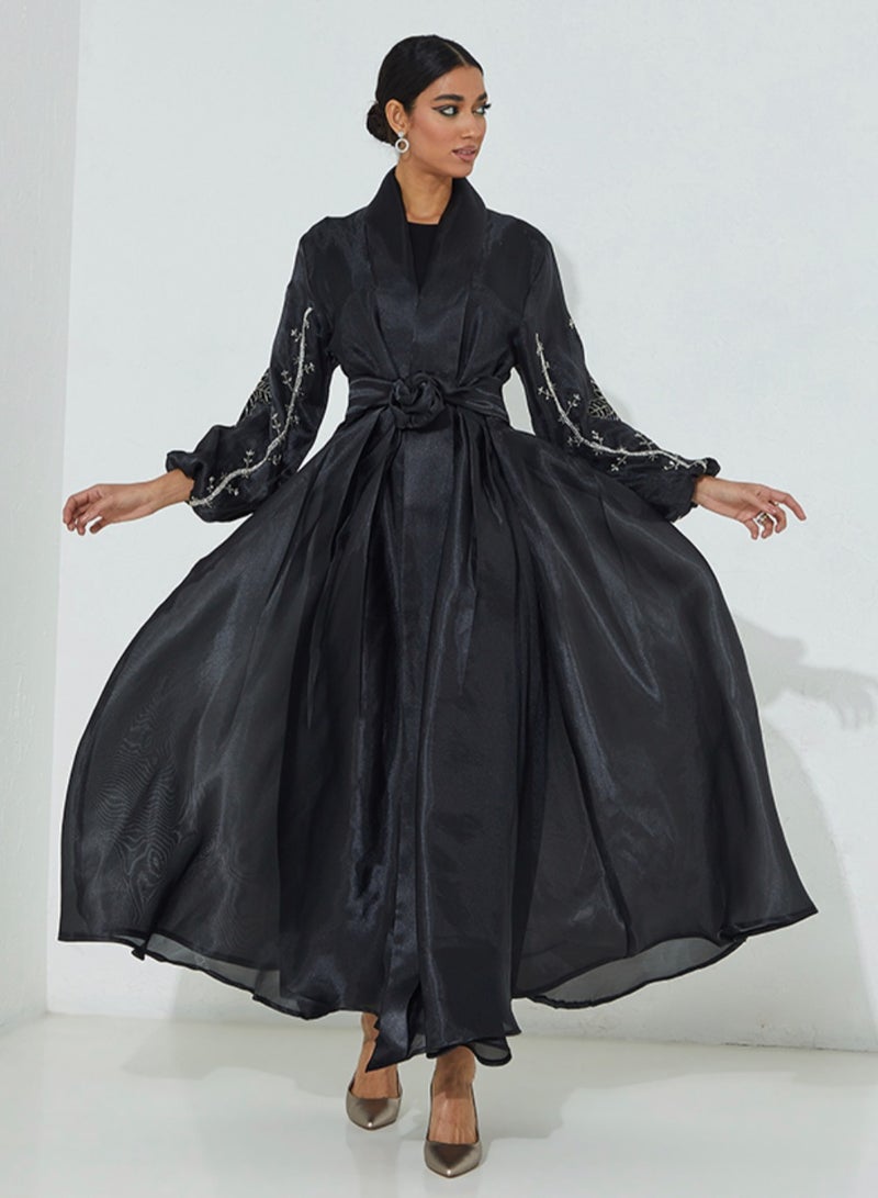 Rosette Abaya Black Organza  stones embroidered abaya  - Image 4