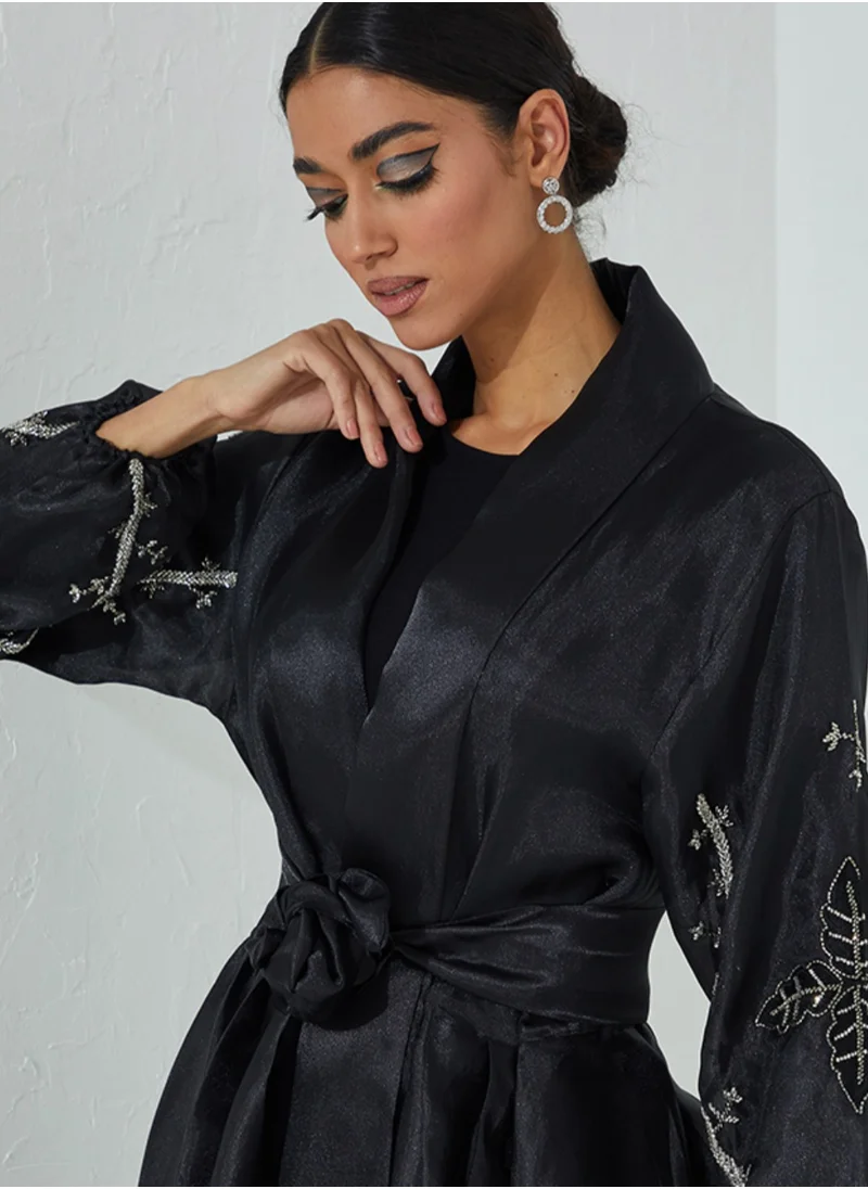 Rosette Abaya Black Organza  stones embroidered abaya
