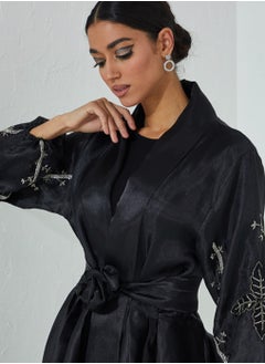 Rosette Abaya Black Organza  stones embroidered abaya  - Image 2