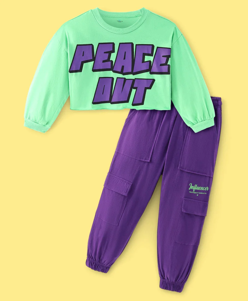 Ollington St. Ollington St. 100% Cotton Full Sleeves Text Printed Top and Cargo Joggers Set - Green and Lavender