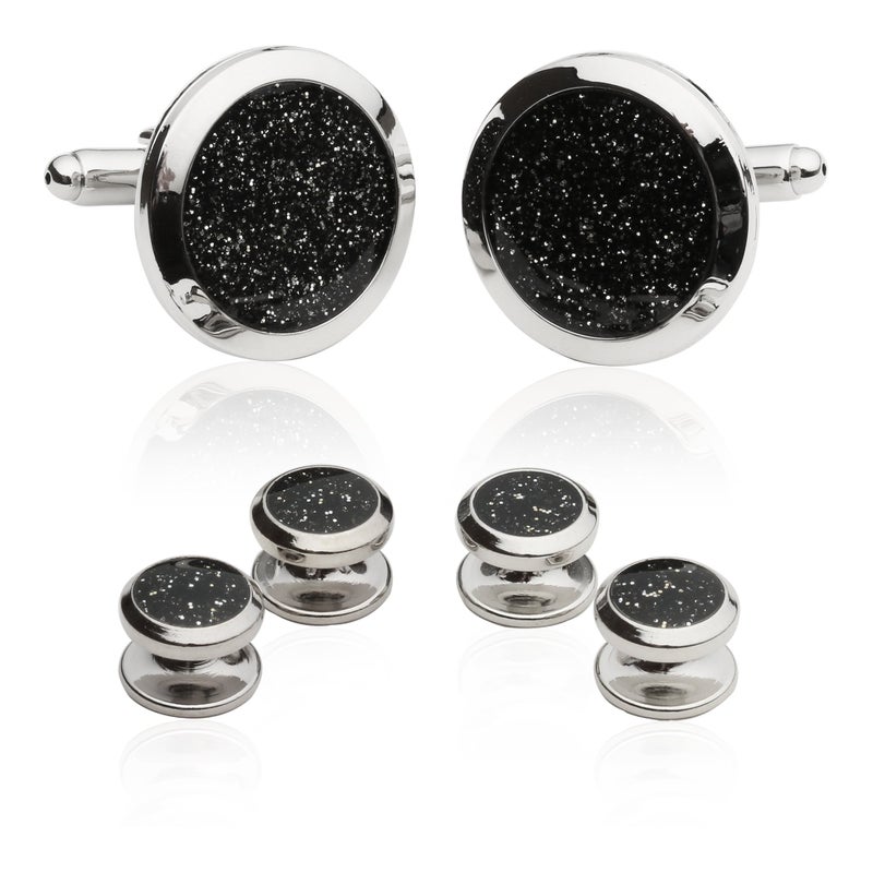 Cuff-Daddy Men's Black Diamond Dust Tuxedo Cuff Links and Studs Set with Presentation Jewelry Idea Box - 7/8" cufflinks, 3/8" studs - Business Attire Cufflinks & Shirt Accessories Special - Image 1