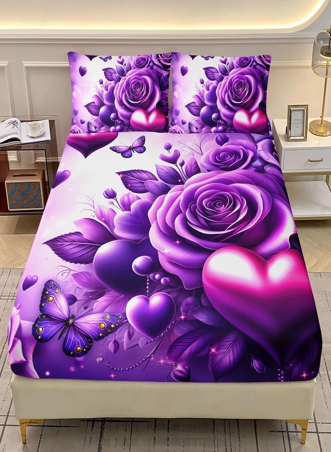 AILONEN Purple Rose Fitted Sheet Set Queen Size,Dreamy Heart Butterfly Bed Sheet for Girls Women,Beautiful Rose Flower Fitted Sheet with 2 Pillowcases,3Pcs - Image 1
