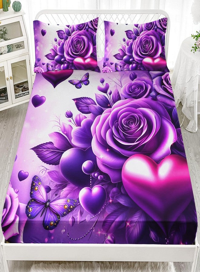 AILONEN Purple Rose Fitted Sheet Set Queen Size,Dreamy Heart Butterfly Bed Sheet for Girls Women,Beautiful Rose Flower Fitted Sheet with 2 Pillowcases,3Pcs - Image 3