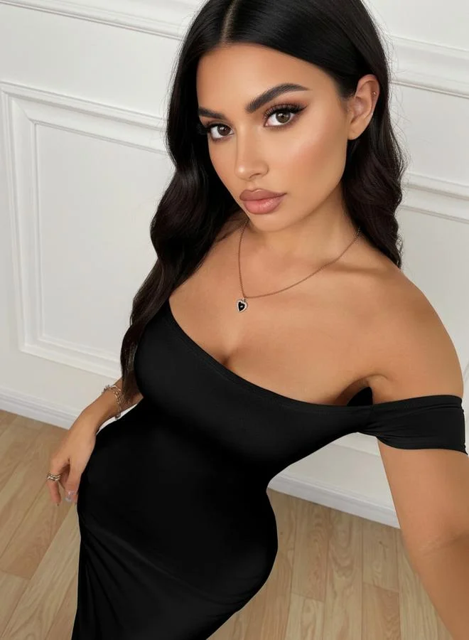 Styli  Black Off Shoulder Mermaid Hem Midi Dress for Women | Best Price UAE