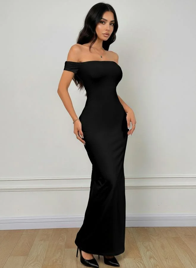 Styli  Black Off Shoulder Mermaid Hem Midi Dress for Women | Best Price UAE