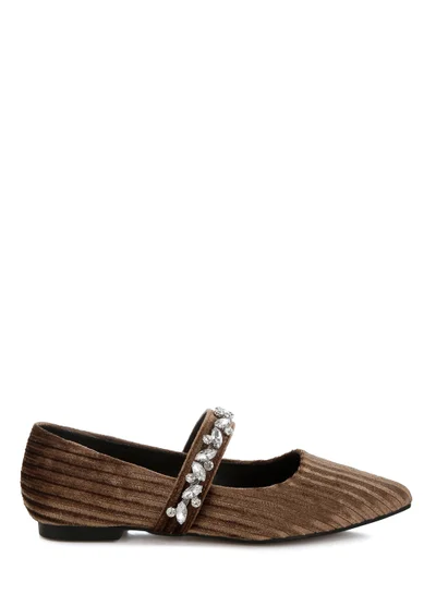 London Rag Diamante Brooch Velvet Ballerinas in Brown