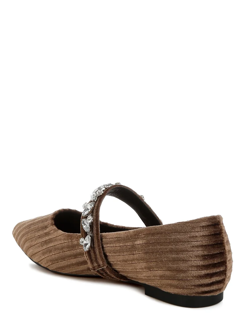 London Rag Diamante Brooch Velvet Ballerinas in Brown