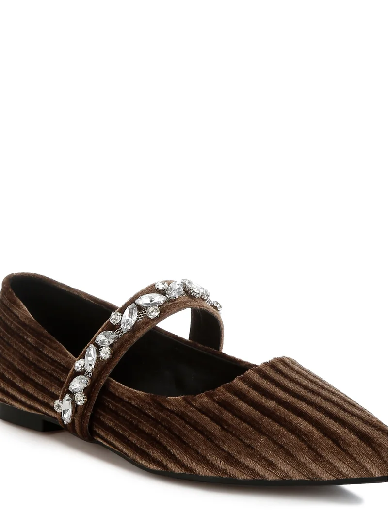 London Rag Diamante Brooch Velvet Ballerinas in Brown