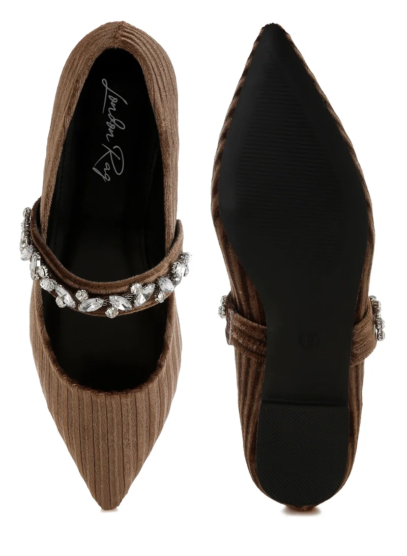 London Rag Diamante Brooch Velvet Ballerinas in Brown