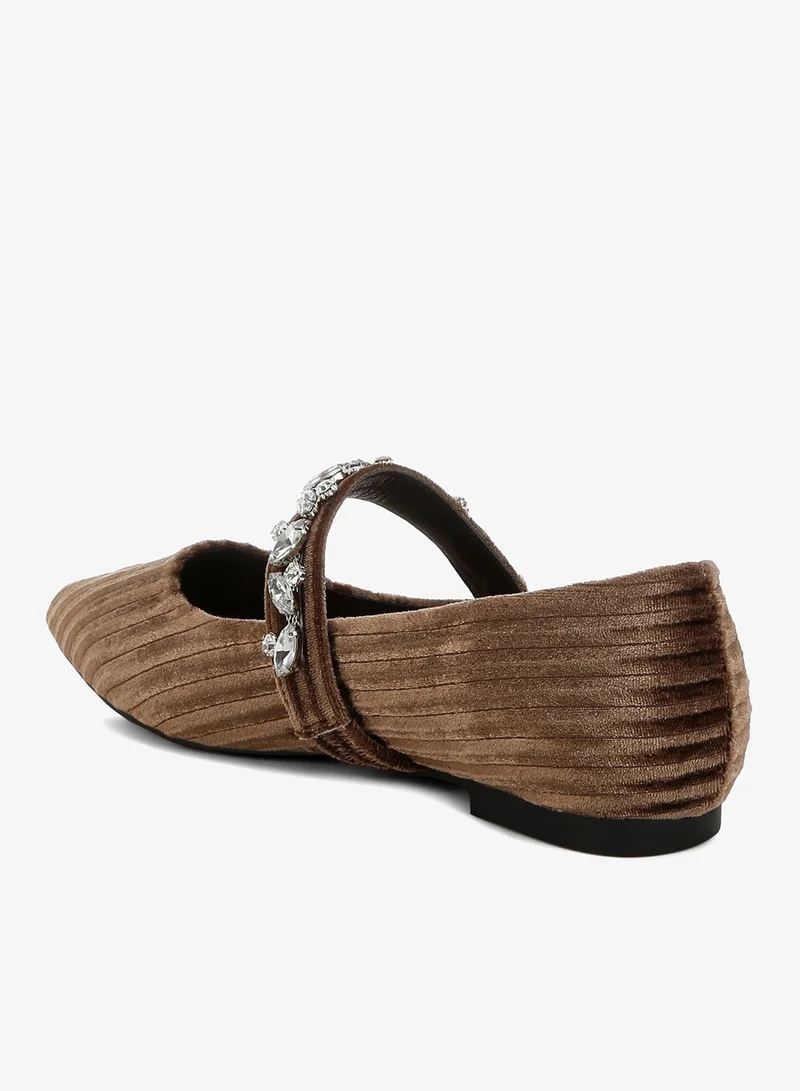 London Rag Diamante Brooch Velvet Ballerinas in Brown