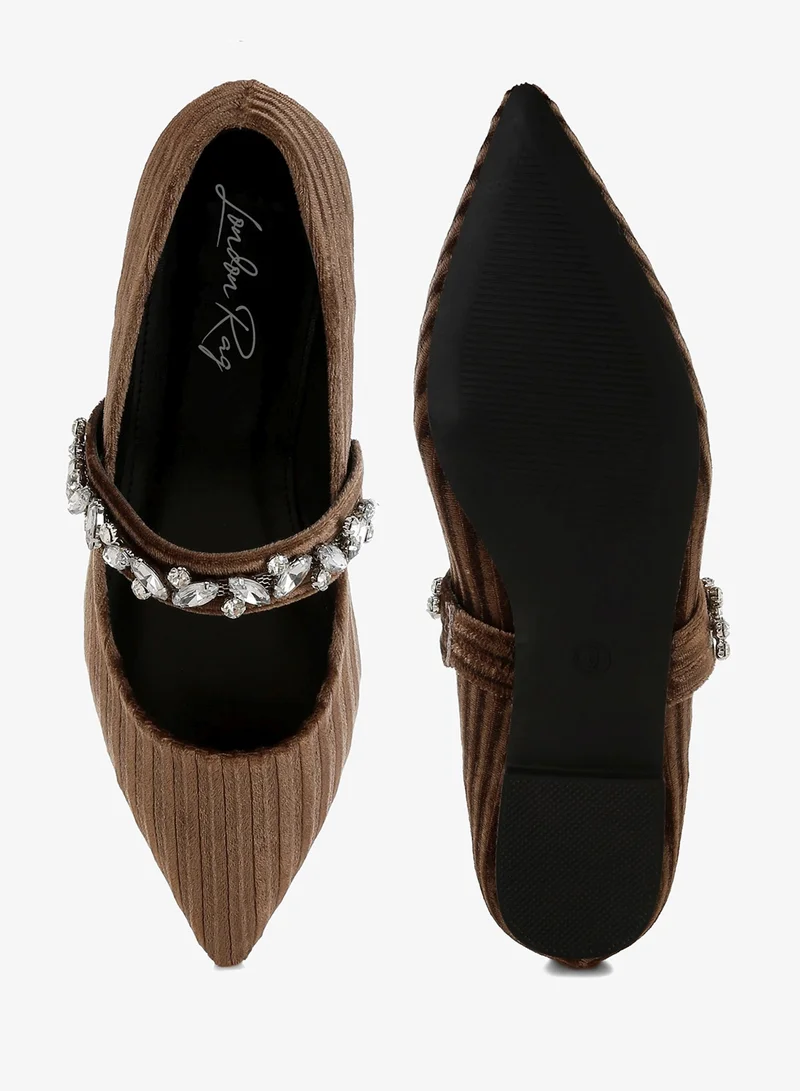 London Rag Diamante Brooch Velvet Ballerinas in Brown