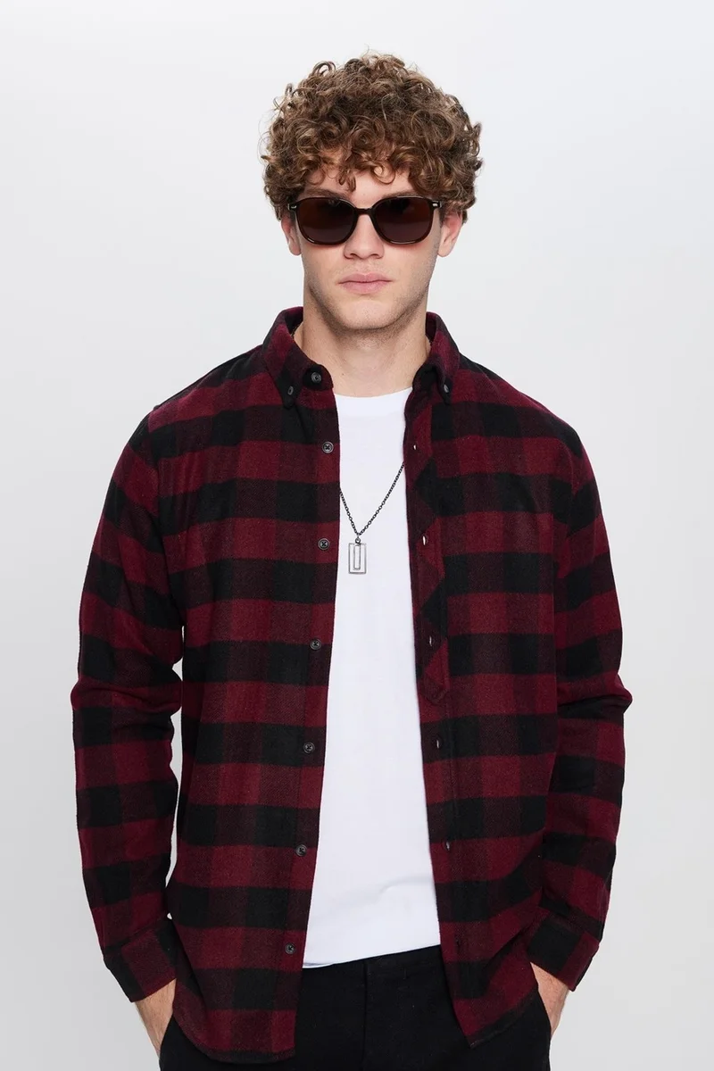 تودورس Men's Slim Fit Slim Fit Lumberjack Button-down Collar Checkered Winter Shirt