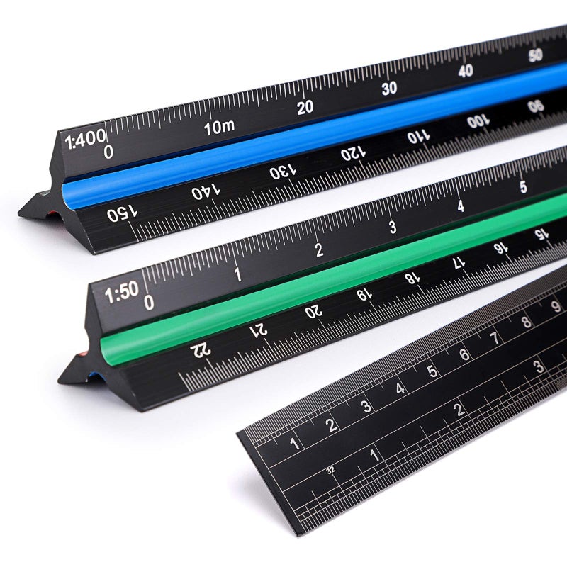 OwnMy 3 Pack 30CM Solid Aluminum Triangular Architect Scale Ruler Set 3ColorsGroove Architectural and Engineer Scale Metal Ruler Set Clear Scale Metal Drafting Rulers for Civil Engineer Blueprint