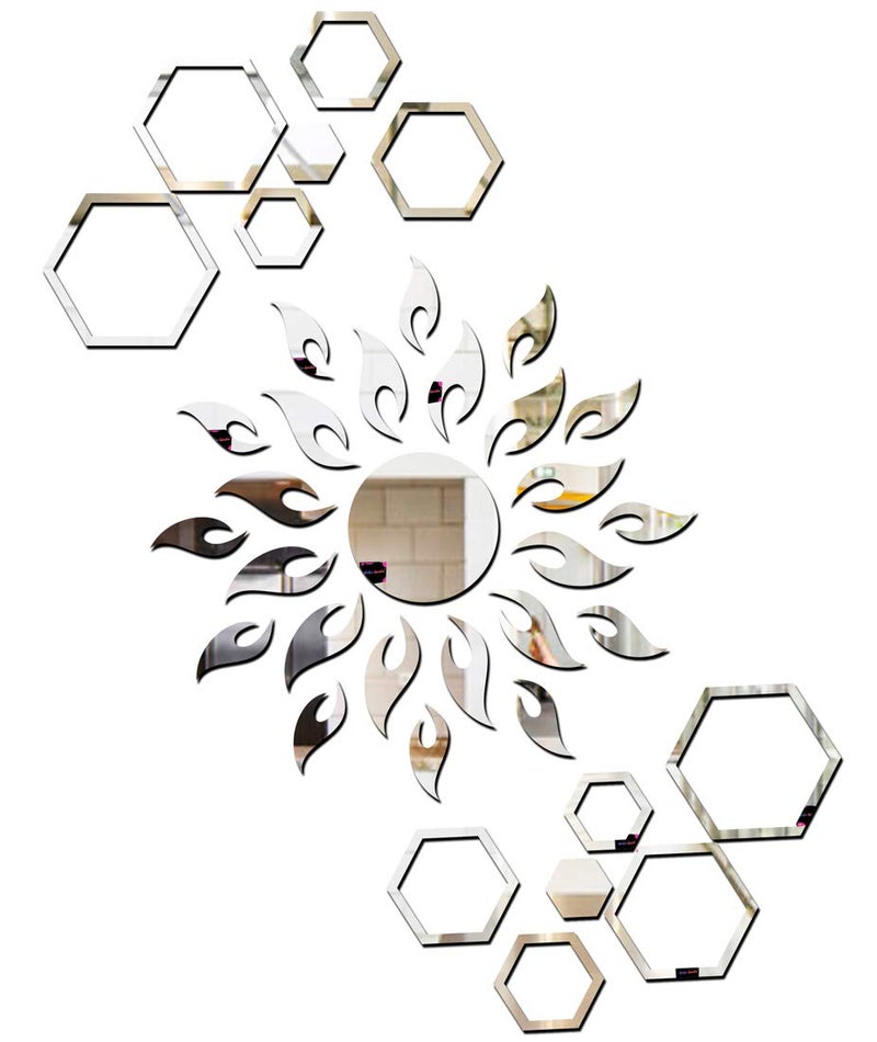 Bikri Kendra Bikri Kendra Sun with Hexagon Rings 123D Acrylic Decorative Mirror Wall Stickers Silver