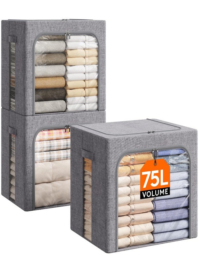 Lifewit Clothes Storage Bins with Metal Frame, Stackable Storage Box, Foldable Clothing Storage Bins with Lids, 75L Storage Bags Fabric Box Organizer with Clear Window＆ Zippers＆ Sturdy Handles 3 Pack - Image 1