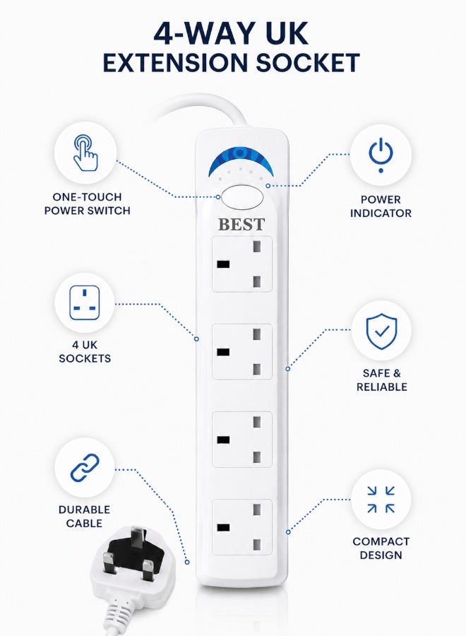 Best Power Strips Extension Cord – 4 Sockets Universal Plug Adapter with 3 Meter Cable, Multi Socket Power Extension Board, Power Socket & Extension Cable, White - Image 4
