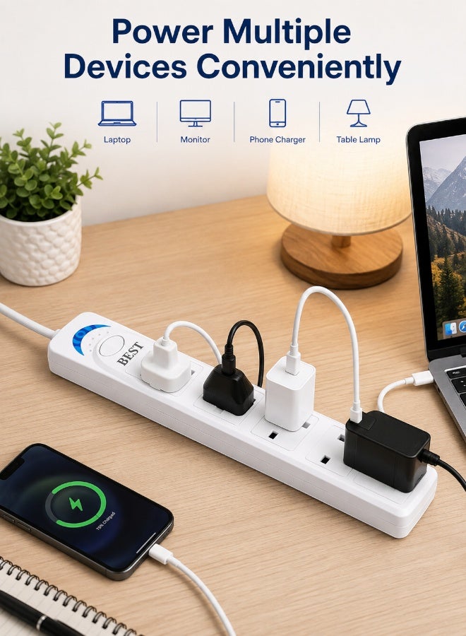 Best Power Strips Extension Cord – 4 Sockets Universal Plug Adapter with 3 Meter Cable, Multi Socket Power Extension Board, Power Socket & Extension Cable, White - Image 2