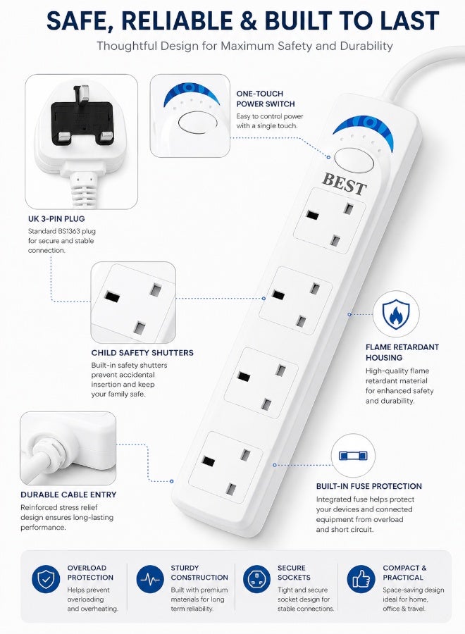 Best Power Strips Extension Cord – 4 Sockets Universal Plug Adapter with 3 Meter Cable, Multi Socket Power Extension Board, Power Socket & Extension Cable, White - Image 5