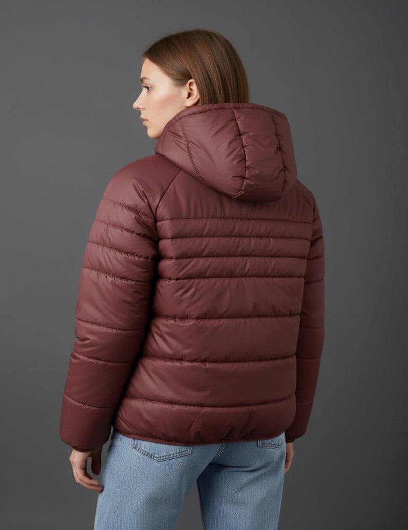 Fyltr Women's Puffer Jacket with Hoodie, Wine, S - Image 2