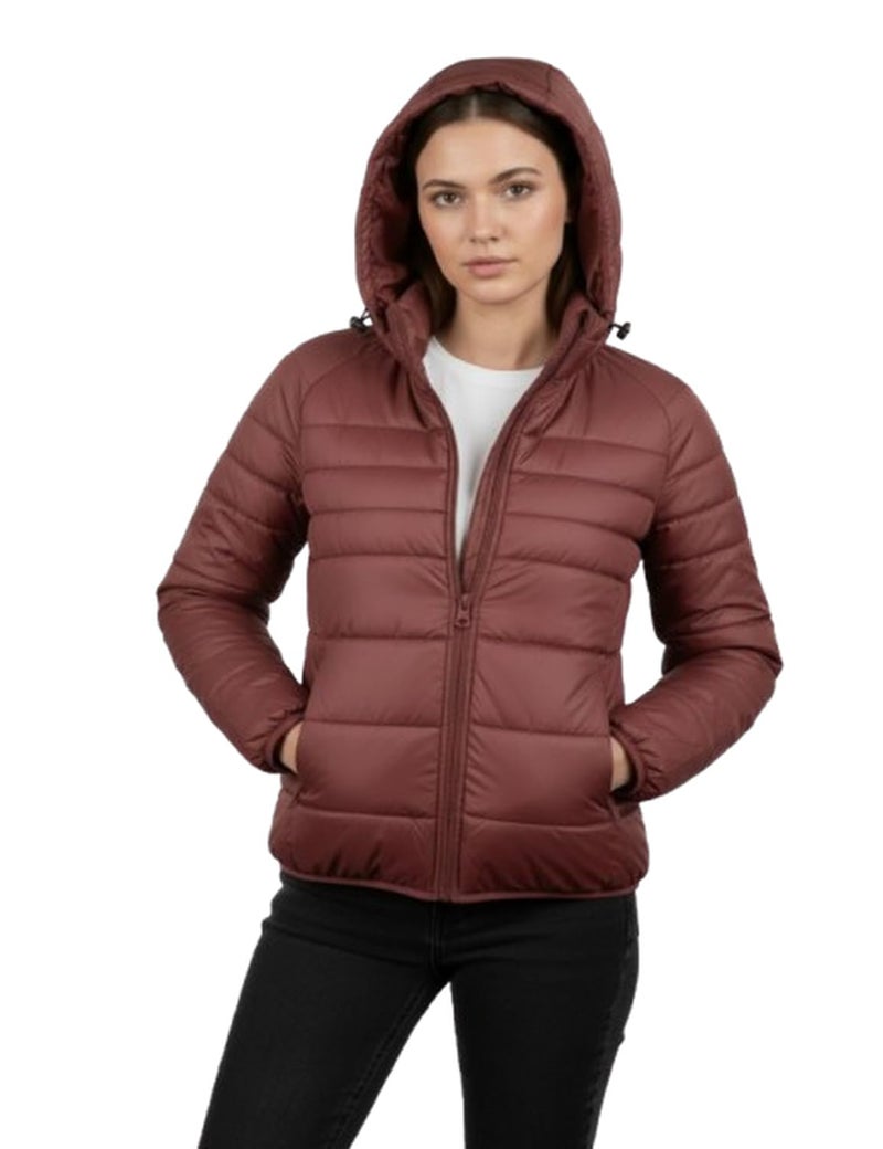 Fyltr Women's Puffer Jacket with Hoodie, Wine, S - Image 1