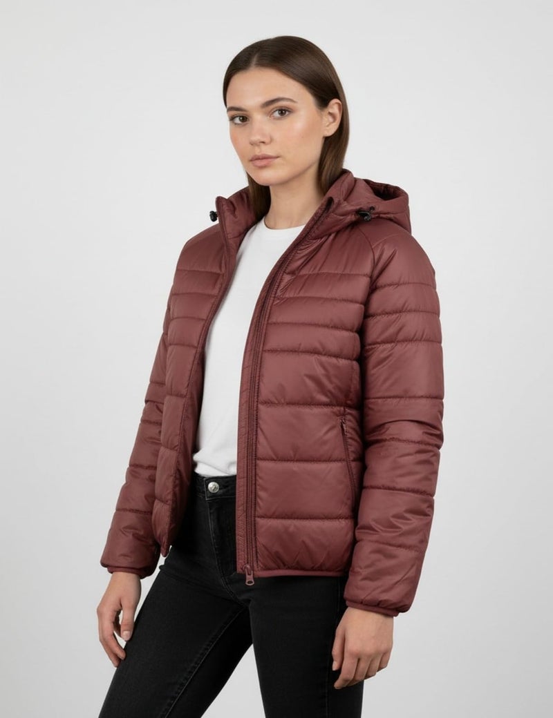 Fyltr Women's Puffer Jacket with Hoodie, Wine, S - Image 3