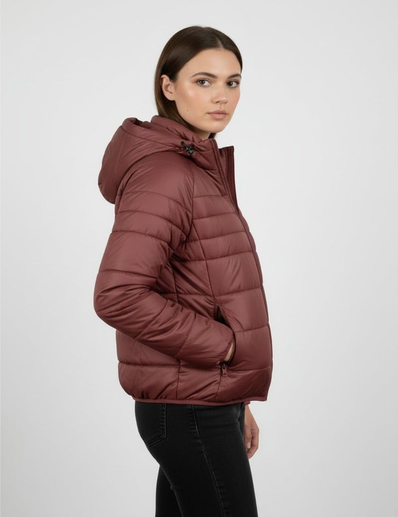 Fyltr Women's Puffer Jacket with Hoodie, Wine, S - Image 4