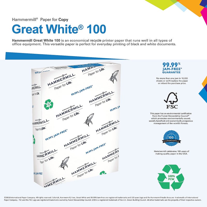 Hammermill Printer Paper, Great White 100% Recycled Paper, 8.5 x 11 - 1 Ream (500 Sheets) - 92 Bright, Made in the USA, 086790R - Image 2