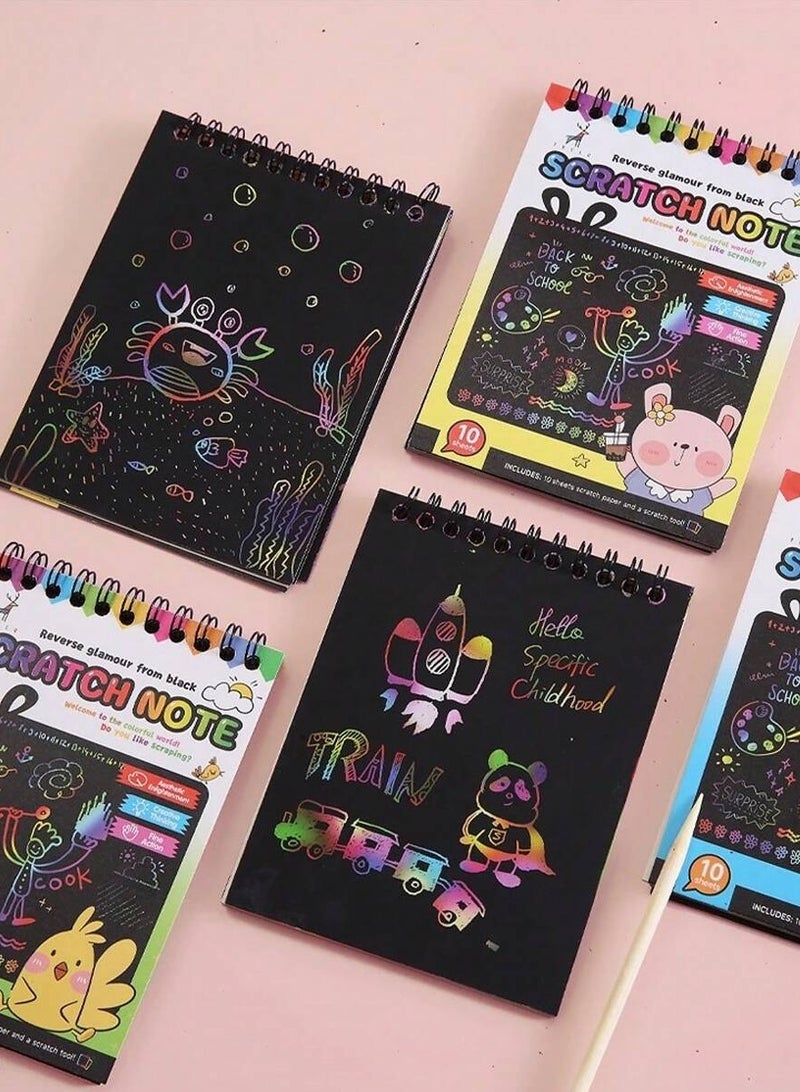 4 Pcs,Rainbow Scratch Art Notebook Set– DIY Creative Doodle Pads with Wooden Stylus, Ideal for Kids' Fine Motor Skill Development, Party Games, and Art Projects, Includes Colorful Designs for Endless Fun - Image 1