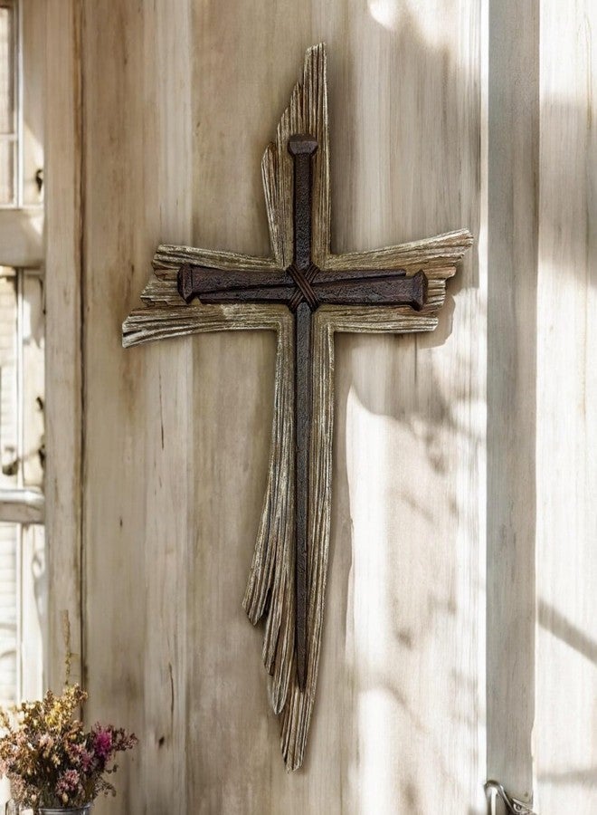Top Brass Rustic 3-Nail Wall Cross – 12 ½” Resin Christian Cross with Weathered Wood Look and Symbolic Nails of Christ’s Crucifixion – Religious Jesus Crucifix Art - Image 3