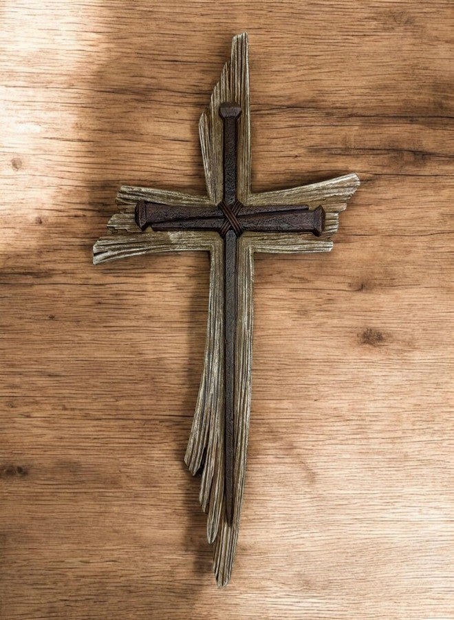 Top Brass Rustic 3-Nail Wall Cross – 12 ½” Resin Christian Cross with Weathered Wood Look and Symbolic Nails of Christ’s Crucifixion – Religious Jesus Crucifix Art - Image 5