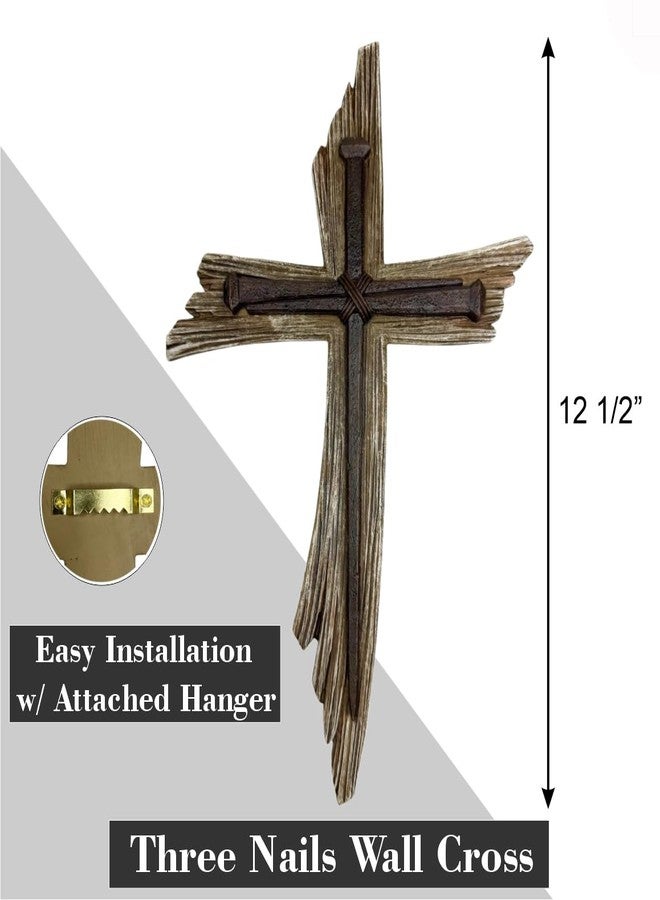 Top Brass Rustic 3-Nail Wall Cross – 12 ½” Resin Christian Cross with Weathered Wood Look and Symbolic Nails of Christ’s Crucifixion – Religious Jesus Crucifix Art - Image 2