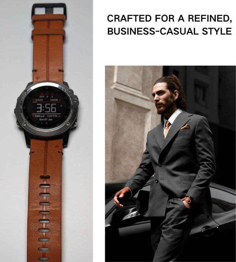 OUTVI 22mm leather watch band for garmin fenix 6 7 pro solar 5 plus forerunner 955 965 935 745 LTE epix Pro Gen 2 47mm ONLY Genuine full grain Quick fit 22 bands replacement for Men Women Brown - Image 3