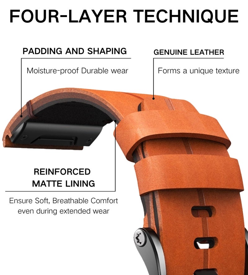 OUTVI 22mm leather watch band for garmin fenix 6 7 pro solar 5 plus forerunner 955 965 935 745 LTE epix Pro Gen 2 47mm ONLY Genuine full grain Quick fit 22 bands replacement for Men Women Brown - Image 4
