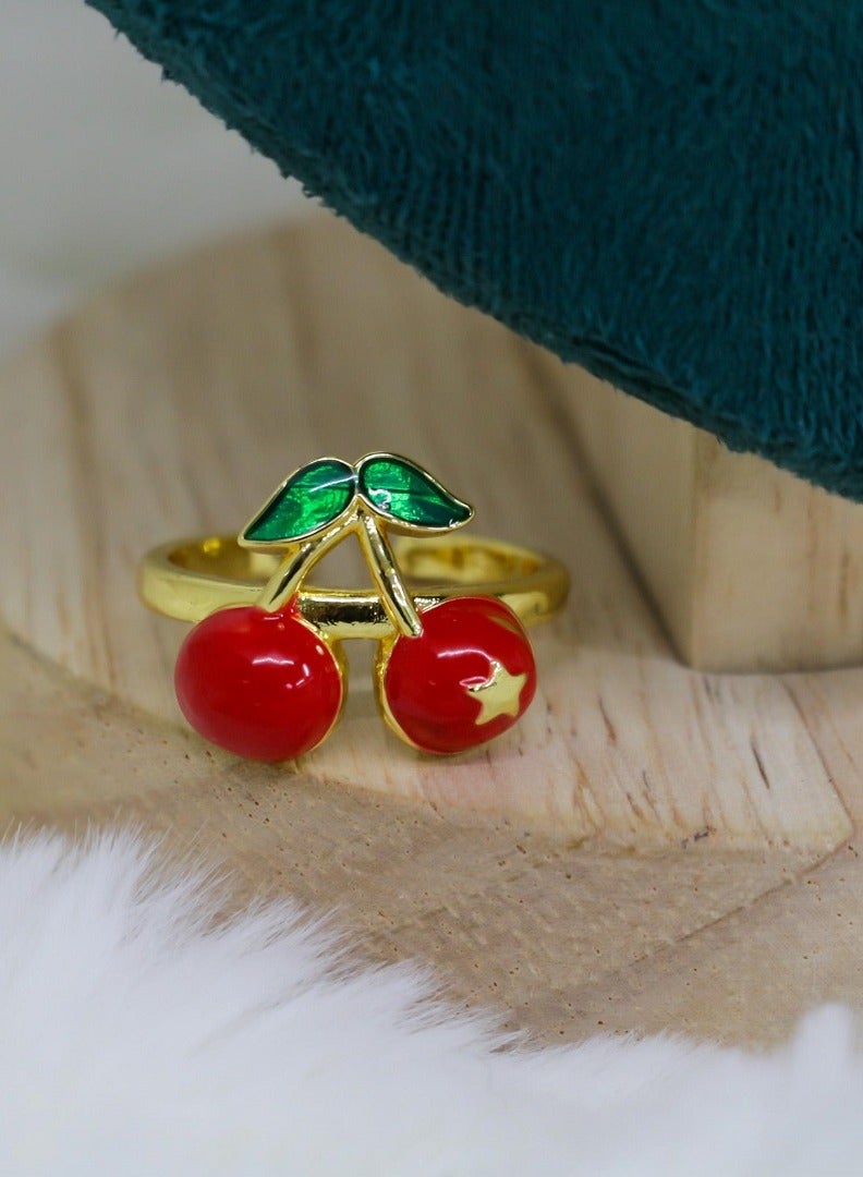 MANIKAN Cherry Design Ring, Gold-Tone with Red and Green Enamel - Image 2