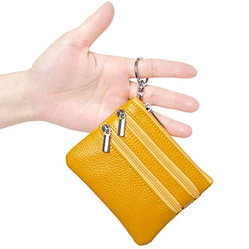 Cynure Women's Genuine Leather Coin Purse Mini Pouch Change Wallet with Keychain,Yellow - Image 2