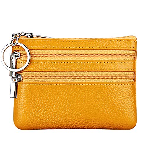 Cynure Women's Genuine Leather Coin Purse Mini Pouch Change Wallet with Keychain,Yellow - Image 1