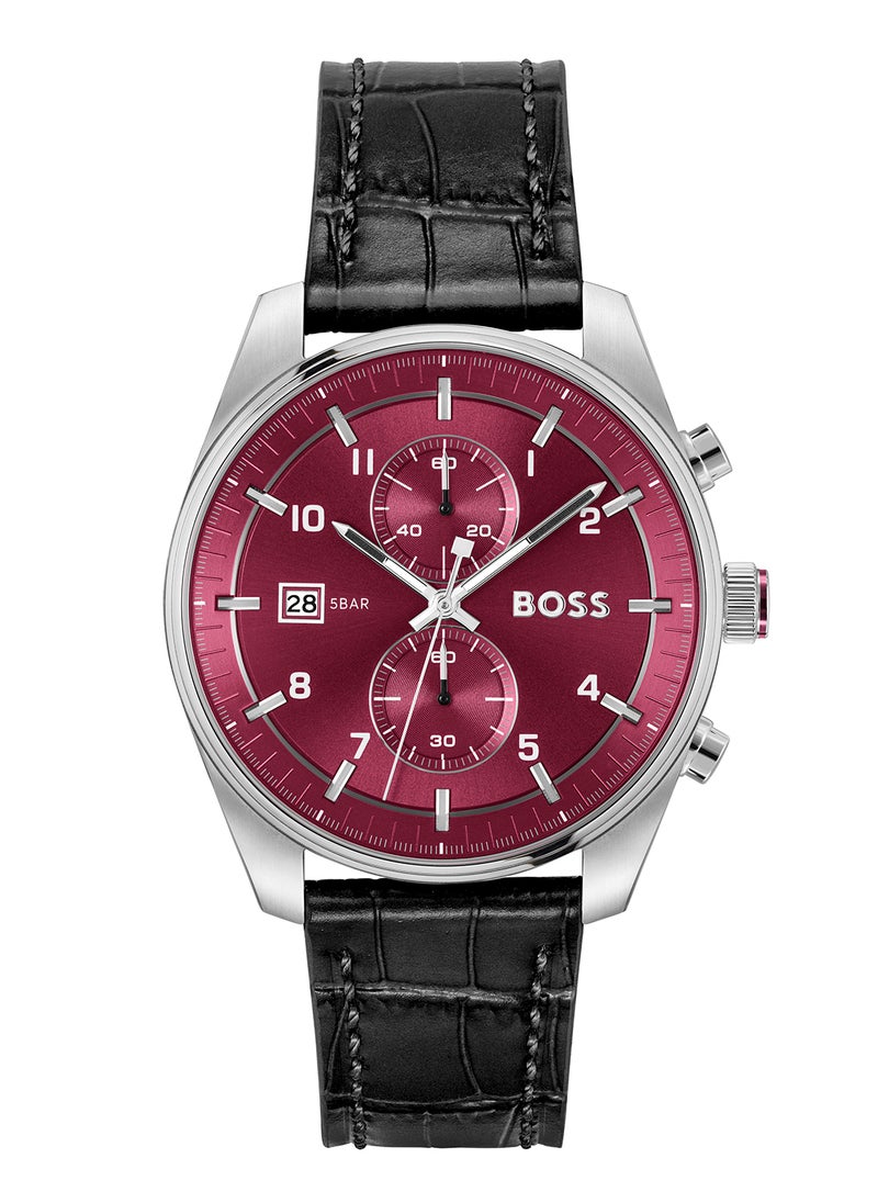 HUGO BOSS ساعة كلاسيكية للرجال من هوجو بوس بتصميم دائري بعلبة لون بورغندي - 1514193  - Image 2
