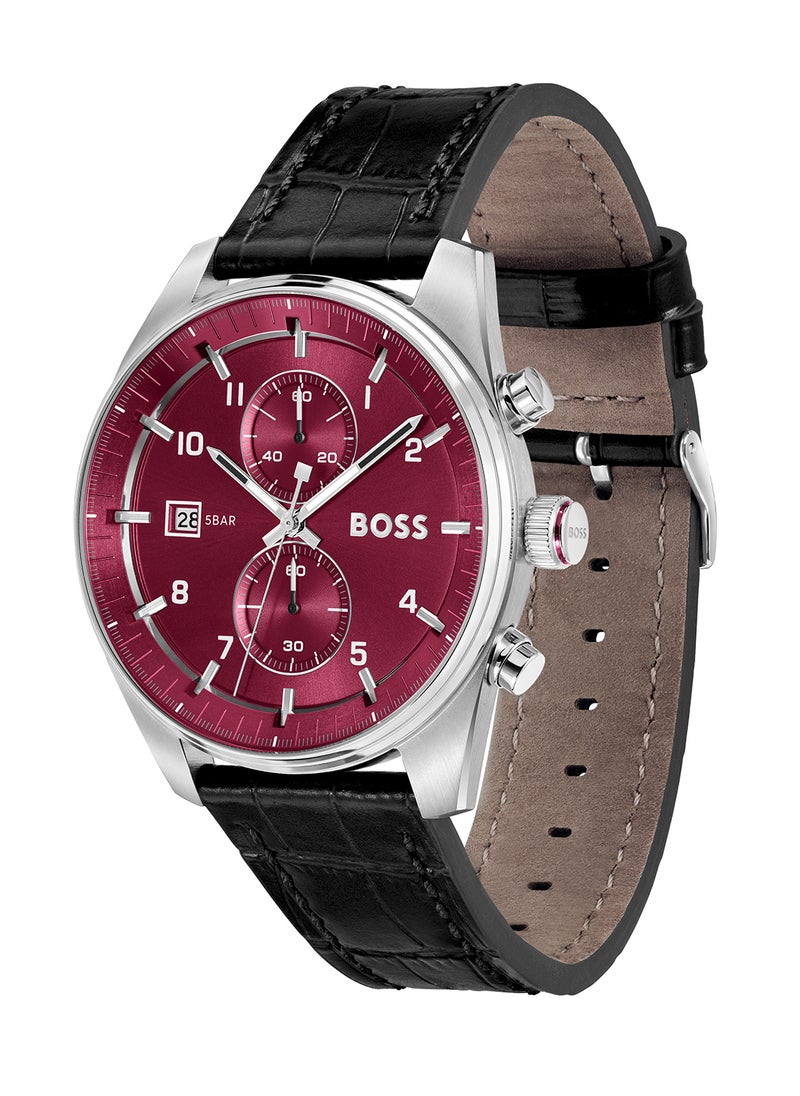 HUGO BOSS ساعة كلاسيكية للرجال من هوجو بوس بتصميم دائري بعلبة لون بورغندي - 1514193  - Image 1