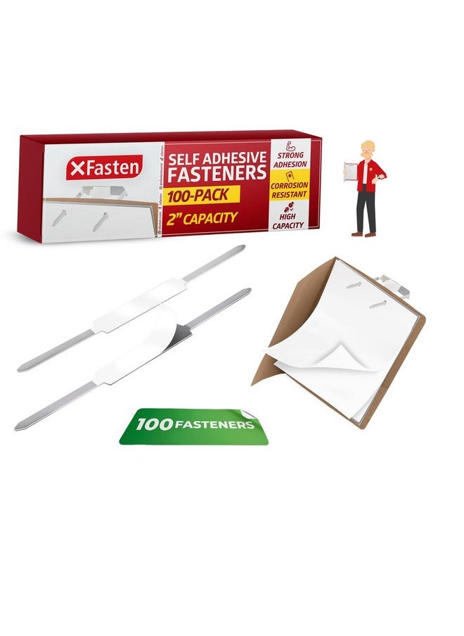 XFasten - Self Adhesive Fasteners 2 Inch Capacity (100-Pack) Strong Adhesion Premium File Prong Fasteners 2 Inch For Folders | Durable Prong Fastener Base For Paper, Reports, Charts Folder Accessories - Image 1