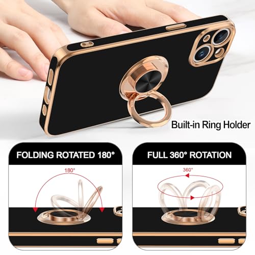 Hython for iPhone 15 Case with Ring Stand, 360° Rotatable Ring Holder Magnetic Kickstand, Plating Rose Gold Edge Soft Cover Women Men Luxury Protective Phone Case for iPhone 15 6.1", Black - Image 4